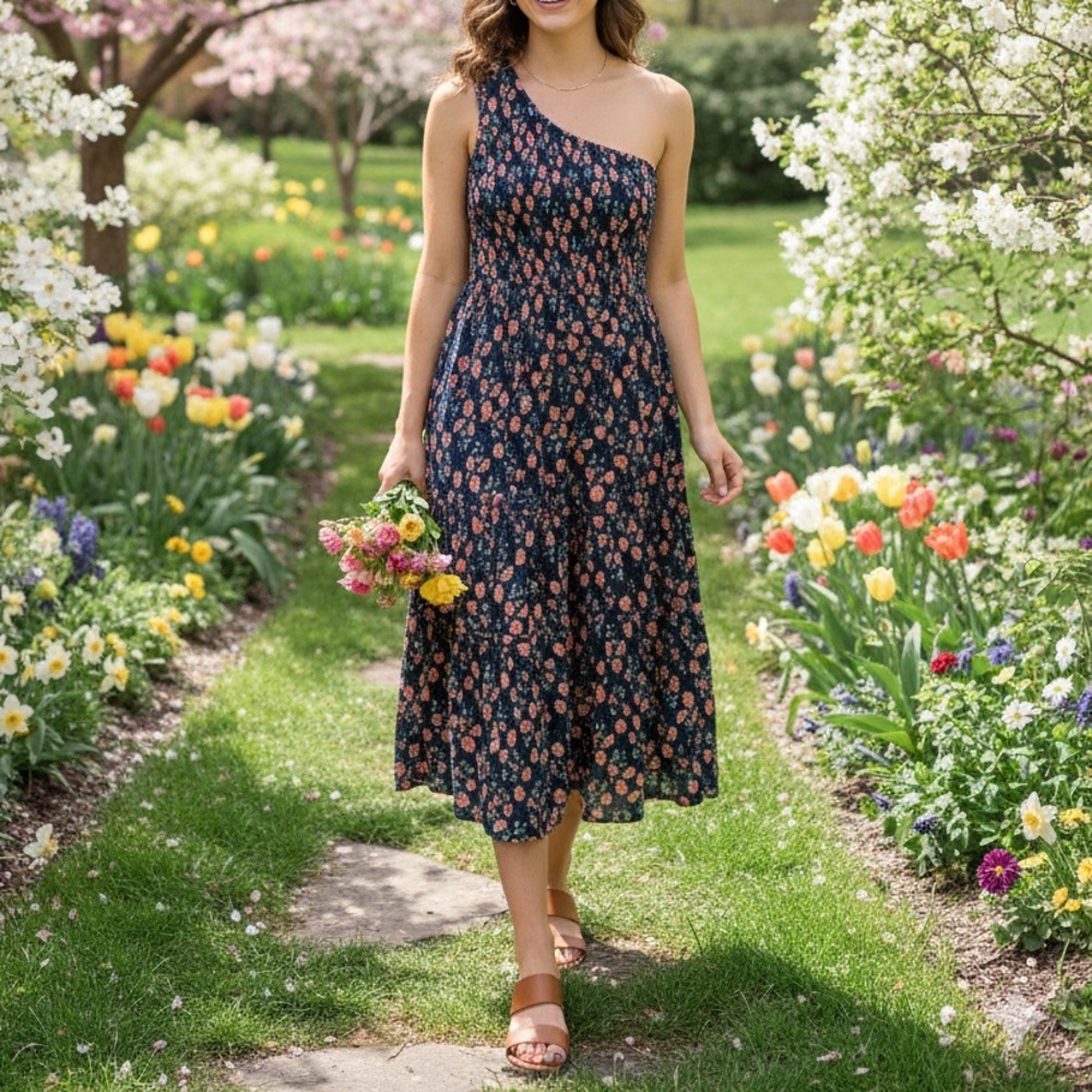 Lulus Spring Floral One-Shoulder Dress SZ Large Tea Length